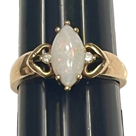 VTG 10K Gold Genuine Marquise Cut OPAL RING Size 6.5 Diamonds In Heart Metalwork - Picture 1 of 6